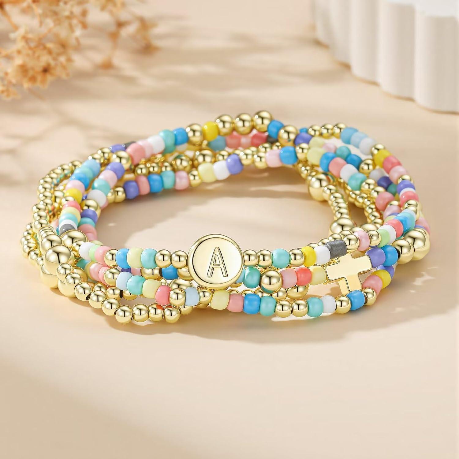 imageM MOOHAM Valentines Gifts for Kids Her Women 5PCS Colorful Beaded Bracelets Cross Bracelet Disc Letter AZ Initial Bracelet Stretch Stackable Bracelet Set for Women Birthday Gift Christian JewelryL