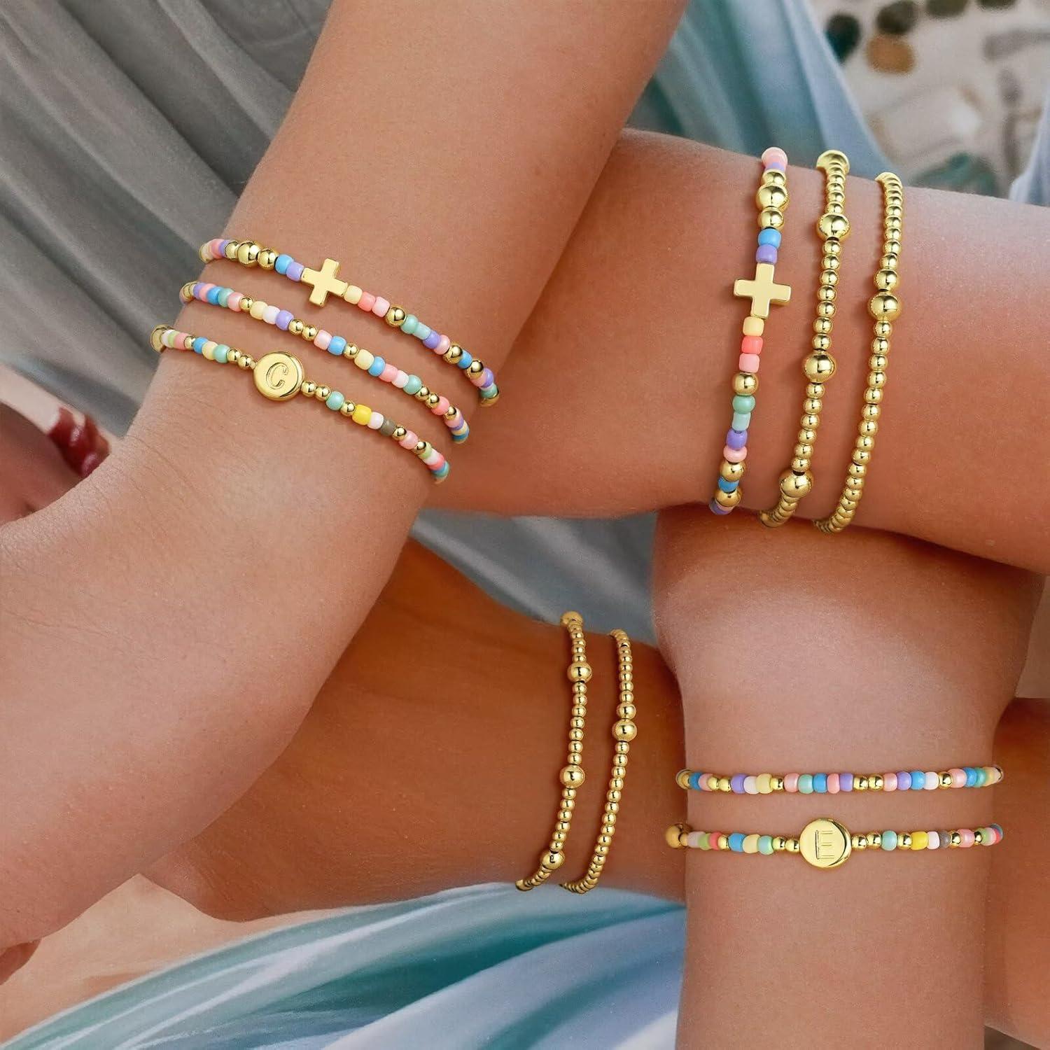 imageM MOOHAM Valentines Gifts for Kids Her Women 5PCS Colorful Beaded Bracelets Cross Bracelet Disc Letter AZ Initial Bracelet Stretch Stackable Bracelet Set for Women Birthday Gift Christian JewelryL