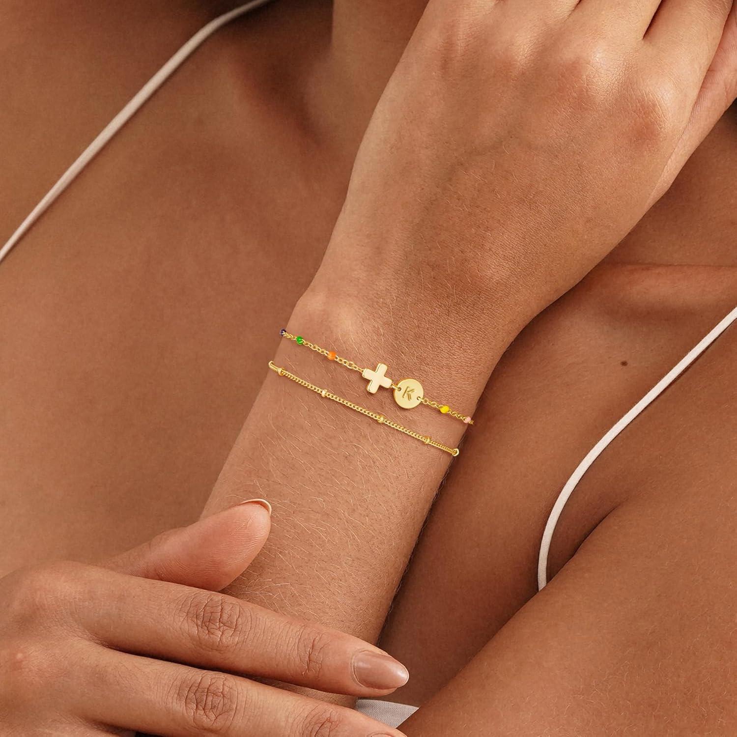 imageM MOOHAM Valentines Gifts for Kids Teen Girls 14K Gold Plated Letter AZ Bracelet Layered Link Charm Bracelets Women Christian Religious Faith Jewelry Birthday Baptism GiftsC