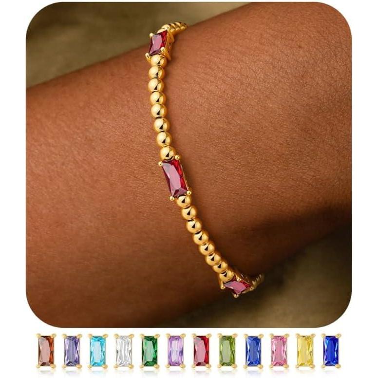 imageM MOOHAM Valentines Day Gifts for Kids Her Teen Girls  Gold Birthstone Bracelets for Women Dainty 14k GoldPlated Beaded Bracelet for Women Teenage Girl Friendship Stretchy Bracelets Jewelry Gifts07JulyRuby Red Color Bracelet