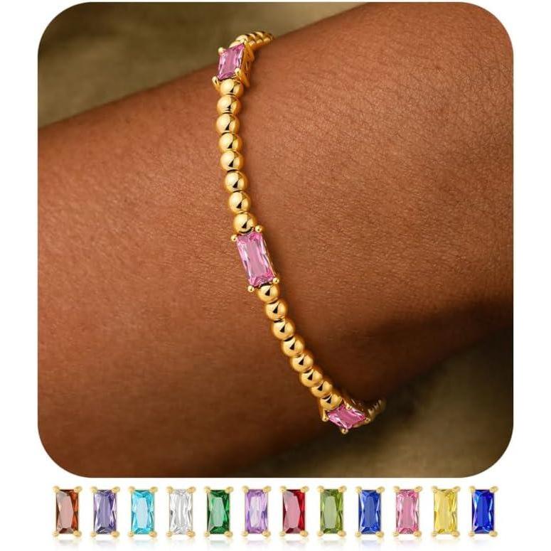imageM MOOHAM Valentines Day Gifts for Kids Her Teen Girls  Gold Birthstone Bracelets for Women Dainty 14k GoldPlated Beaded Bracelet for Women Teenage Girl Friendship Stretchy Bracelets Jewelry Gifts10OctoberTourmaline Pink Color Bracelet
