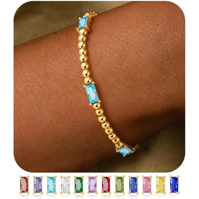 imageM MOOHAM Valentines Day Gifts for Kids Her Teen Girls  Gold Birthstone Bracelets for Women Dainty 14k GoldPlated Beaded Bracelet for Women Teenage Girl Friendship Stretchy Bracelets Jewelry Gifts03MarchAquamarine Light Blue Color Bracelet