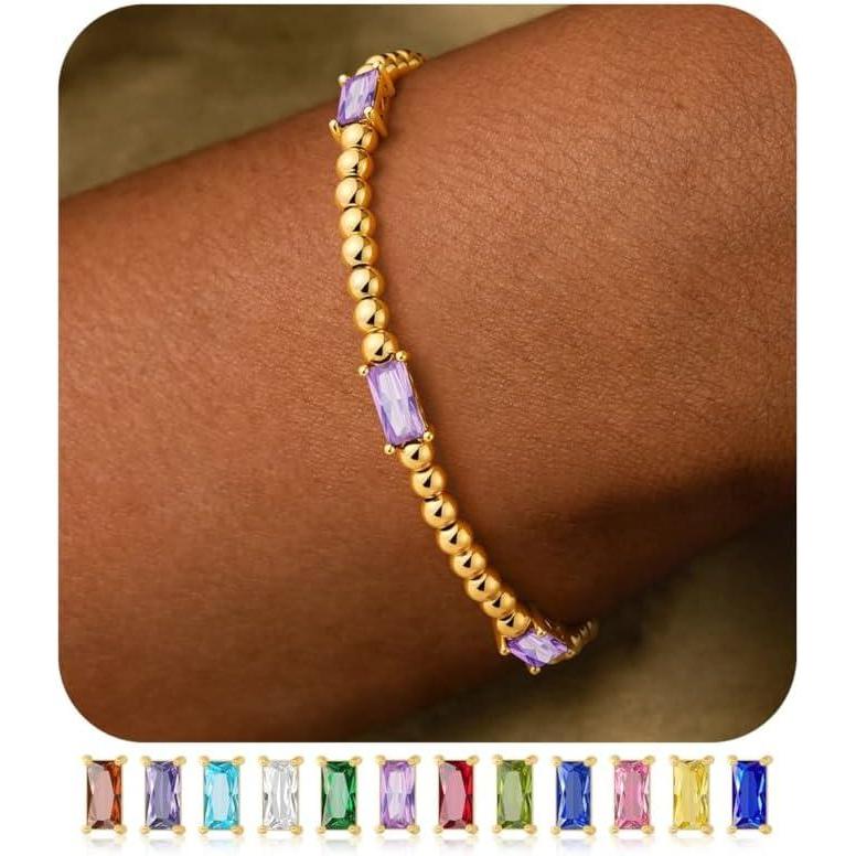 imageM MOOHAM Valentines Day Gifts for Kids Her Teen Girls  Gold Birthstone Bracelets for Women Dainty 14k GoldPlated Beaded Bracelet for Women Teenage Girl Friendship Stretchy Bracelets Jewelry Gifts06JuneAlexandrite Light Purple Color Bracelet