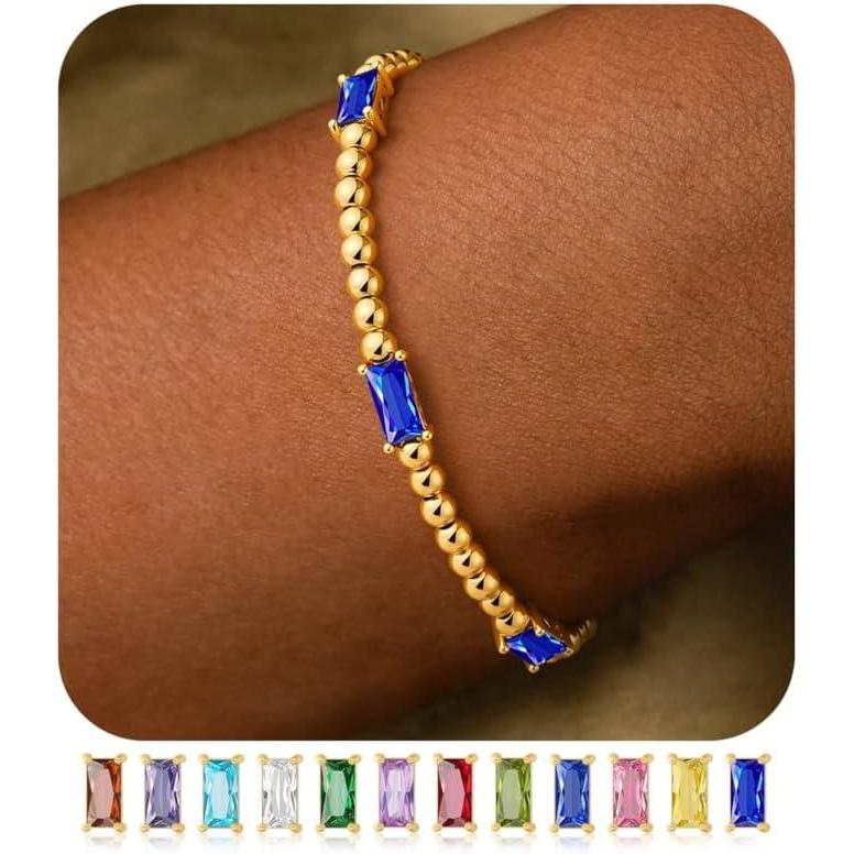 imageM MOOHAM Valentines Day Gifts for Kids Her Teen Girls  Gold Birthstone Bracelets for Women Dainty 14k GoldPlated Beaded Bracelet for Women Teenage Girl Friendship Stretchy Bracelets Jewelry Gifts12DecemberTanzanite Blue Color Bracelet