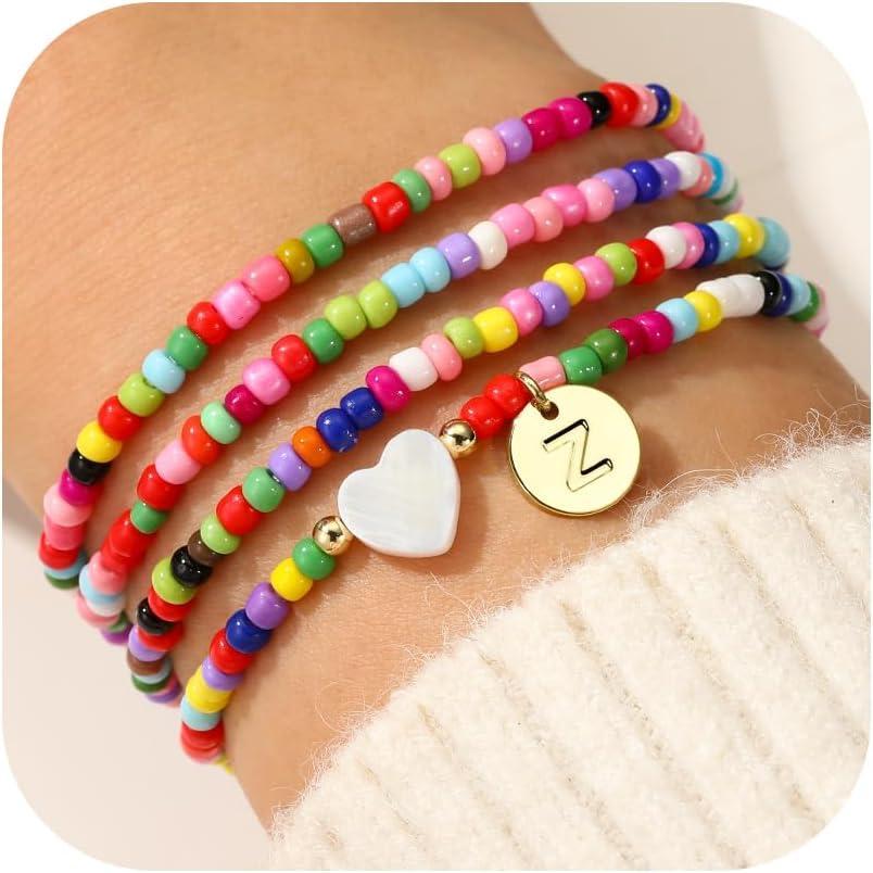 imageM MOOHAM Valentines Day Gifts for Kids Teen Girl Beaded Initial Bracelets for Women Girls 4PCS Colorful Beaded Bracelet Heart Initial Bracelet for Women Layered Bracelets Jewelry Birthday GiftsZ