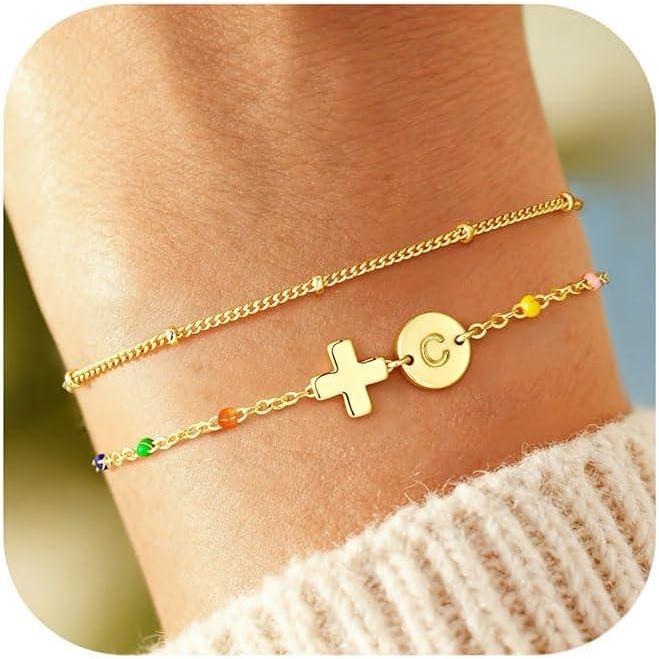 imageM MOOHAM Valentines Gifts for Kids Teen Girls 14K Gold Plated Letter AZ Bracelet Layered Link Charm Bracelets Women Christian Religious Faith Jewelry Birthday Baptism GiftsC
