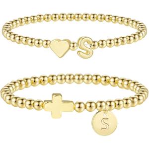M MOOHAM Gold Beaded Bracelets – Heart Initial Bracelets & Cross Initial Bracelets Letter S