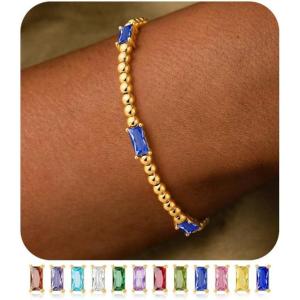 M MOOHAM Valentines Day Gifts for Kids Her Teen Girls – Gold Birthstone Bracelets for Women Dainty 14k Gold-Plated Beaded Bracelet for Women Teenage Girl Friendship Stretchy Bracelets Jewelry Gifts(09-September-Sapphire Royal Blue Color Bracelet)