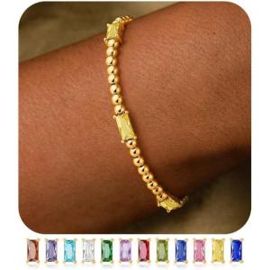 M MOOHAM Valentines Day Gifts for Kids Her Teen Girls – Gold Birthstone Bracelets for Women Dainty 14k Gold-Plated Beaded Bracelet for Women Teenage Girl Friendship Stretchy Bracelets Jewelry Gifts(11-November-Citrine Yellow Color Bracelet)