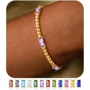 M MOOHAM Valentines Day Gifts for Kids Her Teen Girls – Gold Birthstone Bracelets for Women Dainty 14k Gold-Plated Beaded Bracelet for Women Teenage Girl Friendship Stretchy Bracelets Jewelry Gifts(06-June-Alexandrite Light Purple Color Bracelet)