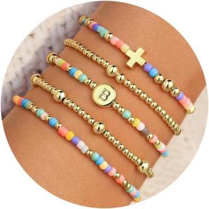 M MOOHAM Valentines Gifts for Kids Her Women – 5PCS Colorful Beaded Bracelets Cross Bracelet Disc Letter A-Z Initial Bracelet Stretch Stackable Bracelet Set for Women, Birthday Gift Christian Jewelry(B)