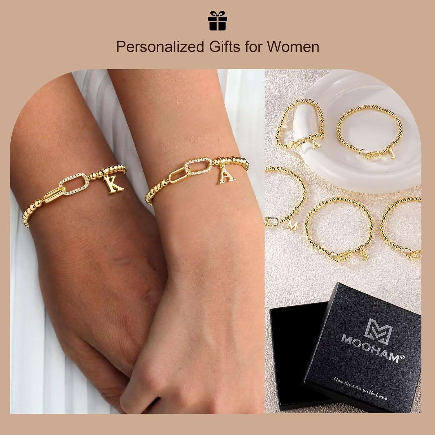 imageM MOOHAM Initial Bracelets for Women 14K Gold Plated Cubic Zirconia Interlock Circles Letter AZ Initial Bracelet Stretch Beaded Bracelets for Women Jewelry Birthday GiftsJ
