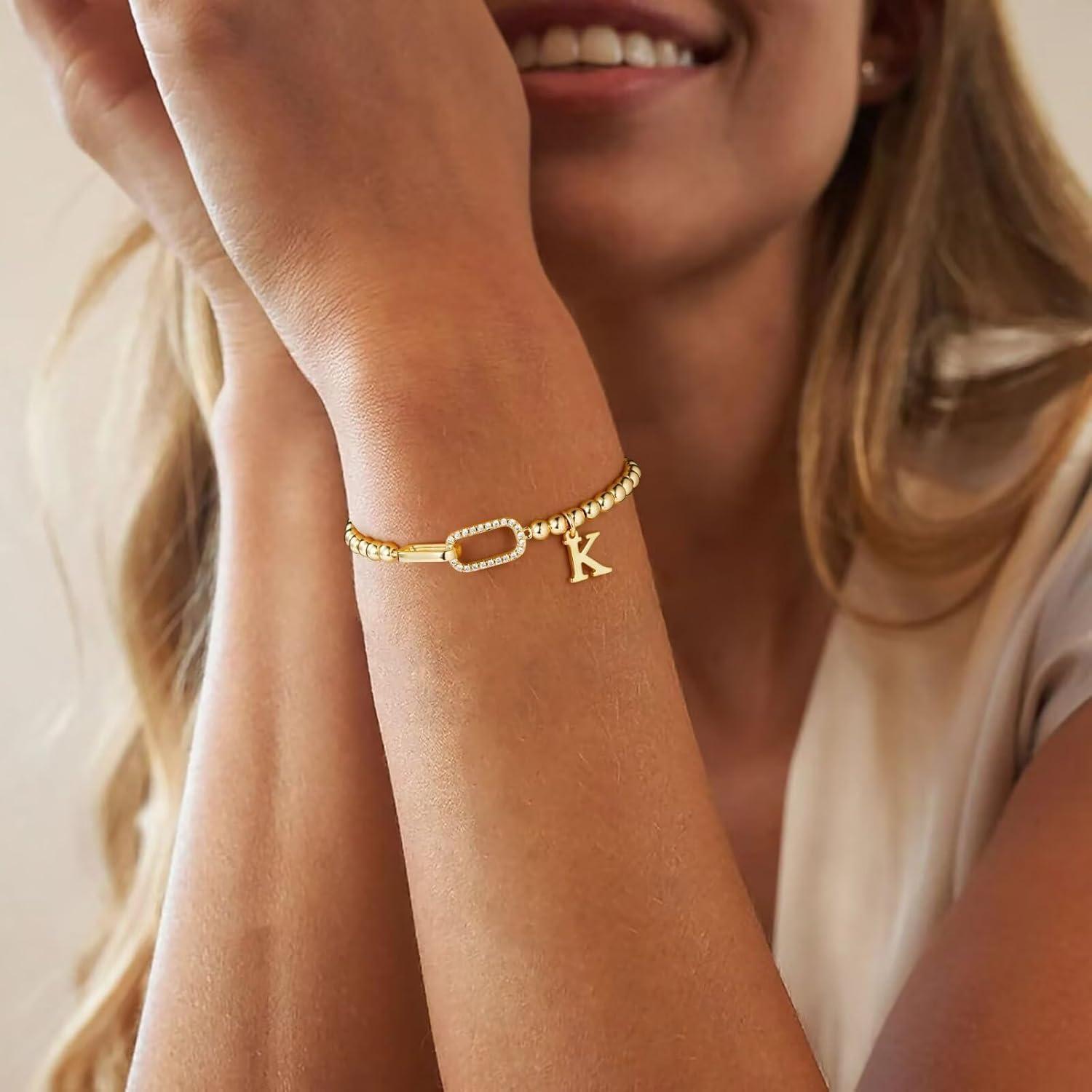 imageM MOOHAM Initial Bracelets for Women 14K Gold Plated Cubic Zirconia Interlock Circles Letter AZ Initial Bracelet Stretch Beaded Bracelets for Women Jewelry Birthday GiftsB