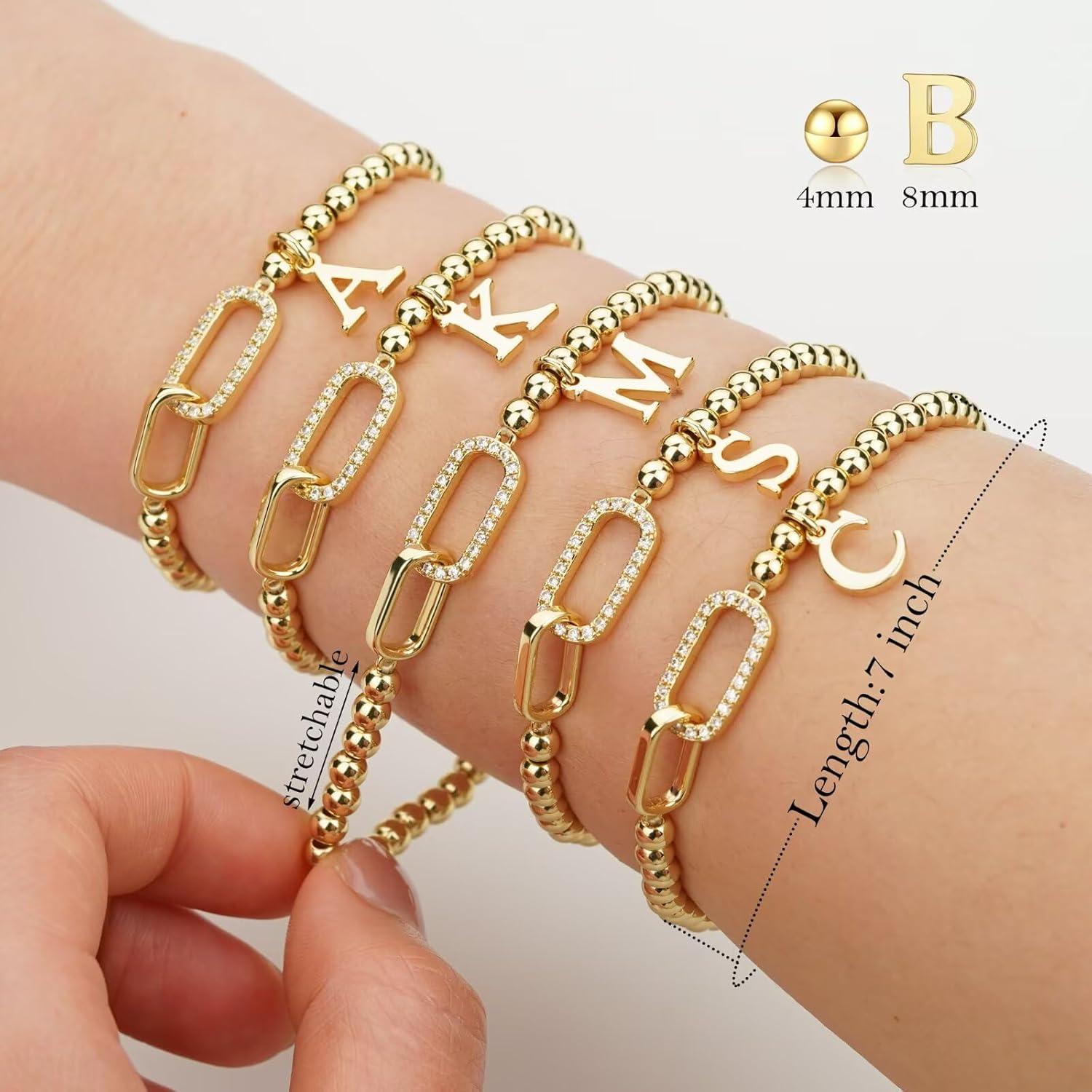imageM MOOHAM Initial Bracelets for Women 14K Gold Plated Cubic Zirconia Interlock Circles Letter AZ Initial Bracelet Stretch Beaded Bracelets for Women Jewelry Birthday GiftsT