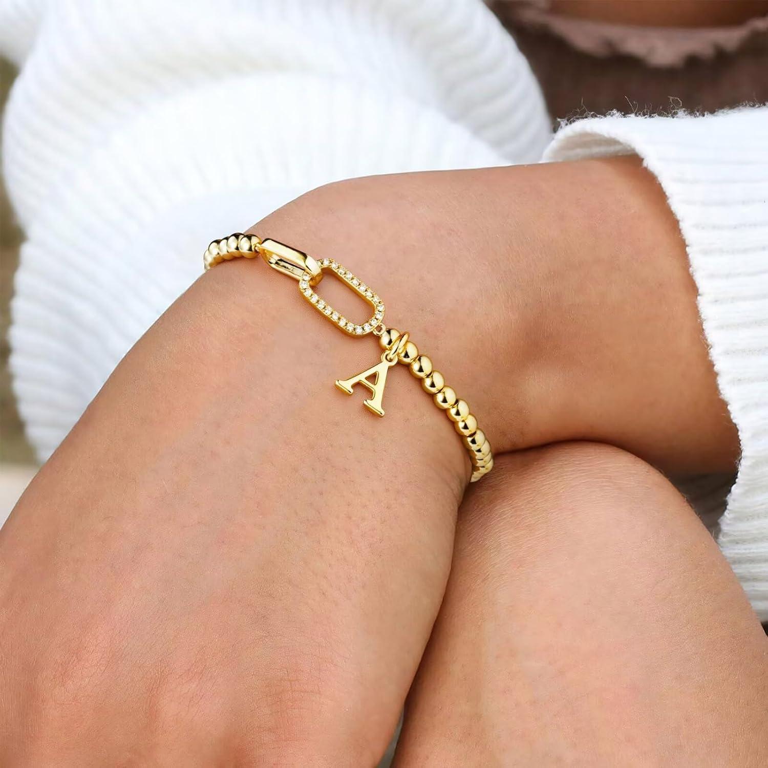 imageM MOOHAM Initial Bracelets for Women 14K Gold Plated Cubic Zirconia Interlock Circles Letter AZ Initial Bracelet Stretch Beaded Bracelets for Women Jewelry Birthday GiftsT