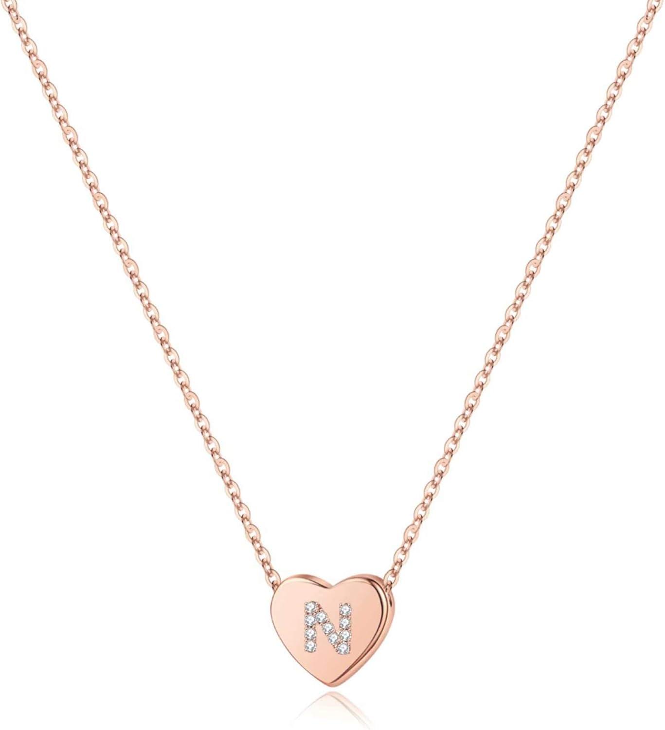imageM MOOHAM Valentines Gifts for Kids Girls Initial Heart Necklace for Girls Women Dainty Cubic Zirconia Initial Heart Pendant Necklace for Women Girl Jewelry GiftsRose Gold