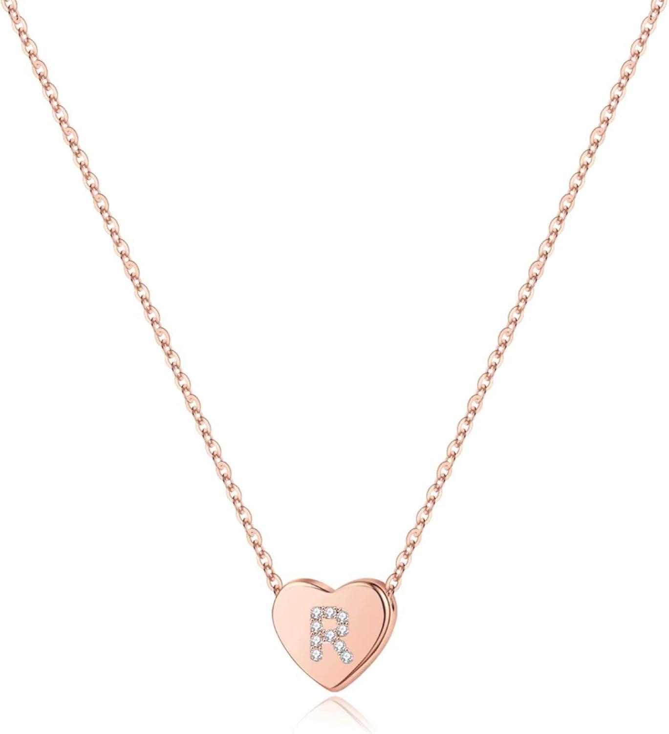 imageM MOOHAM Valentines Gifts for Kids Girls Initial Heart Necklace for Girls Women Dainty Cubic Zirconia Initial Heart Pendant Necklace for Women Girl Jewelry GiftsRose Gold