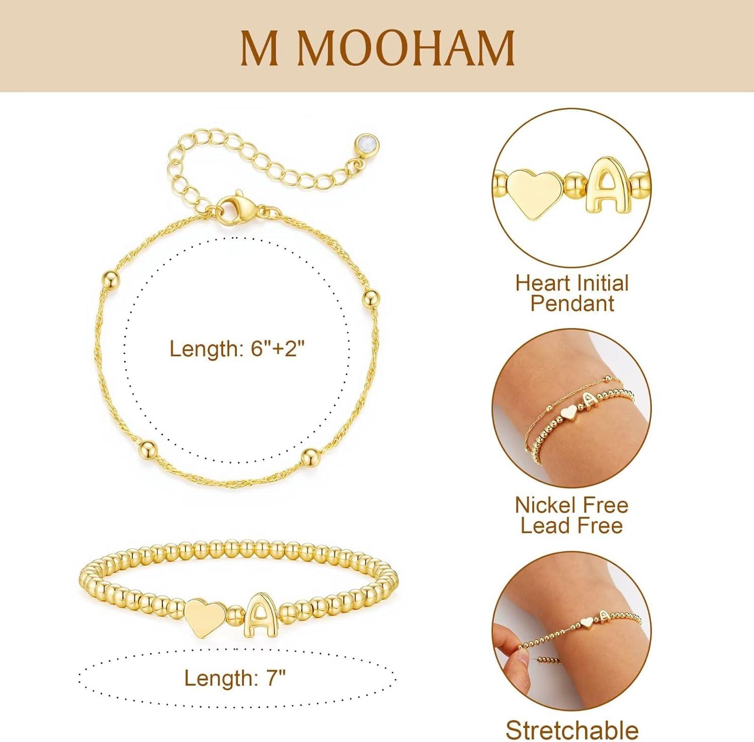 imageM MOOHAM Valentines Gifts for Kids Her Initial Bracelets for Teen Girls Women 14KGoldPlated Heart Initial Bracelet for Women Stretch Beaded Bracelets Jewelry Valentines Gifts for HerS