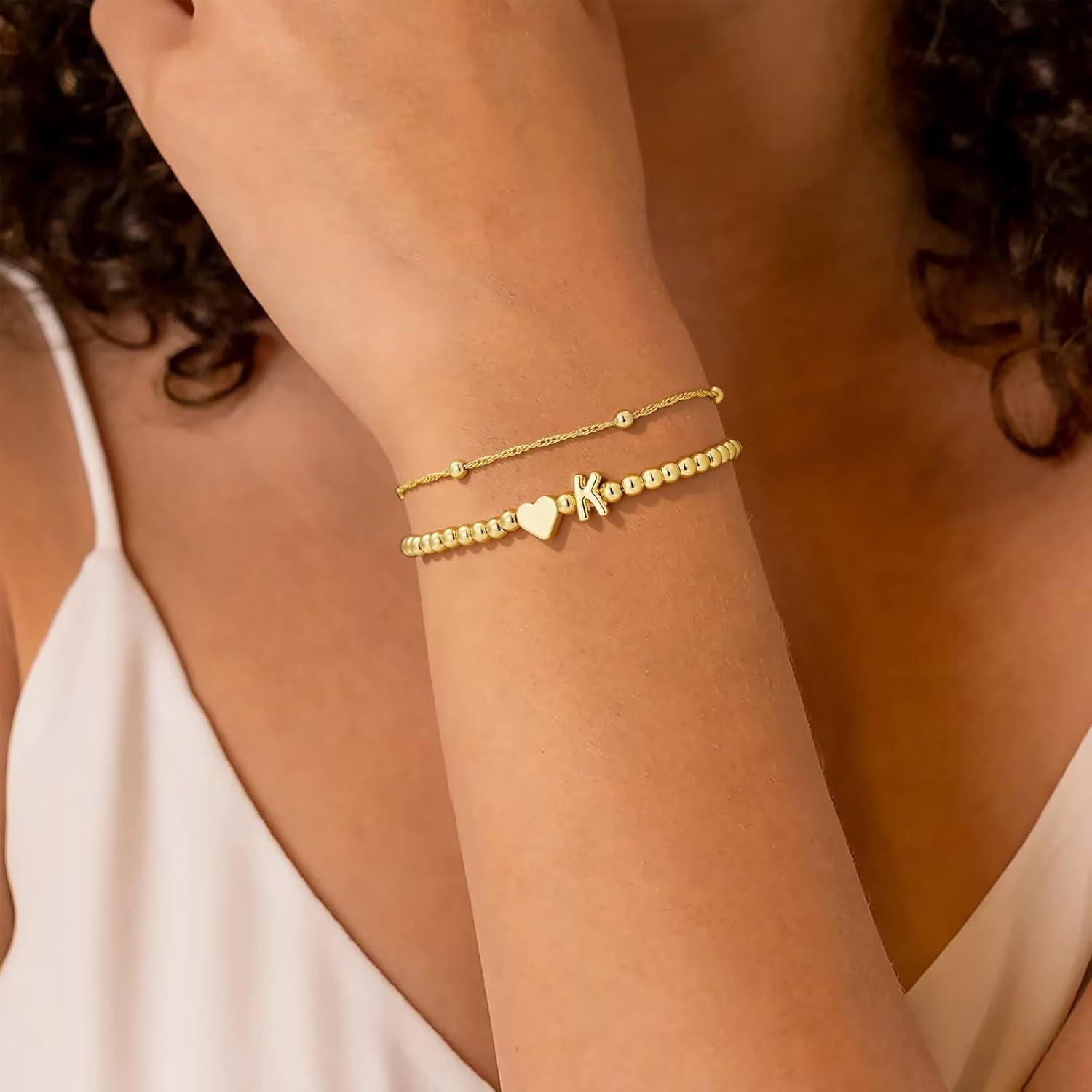 imageM MOOHAM Valentines Gifts for Kids Her Initial Bracelets for Teen Girls Women 14KGoldPlated Heart Initial Bracelet for Women Stretch Beaded Bracelets Jewelry Valentines Gifts for HerE