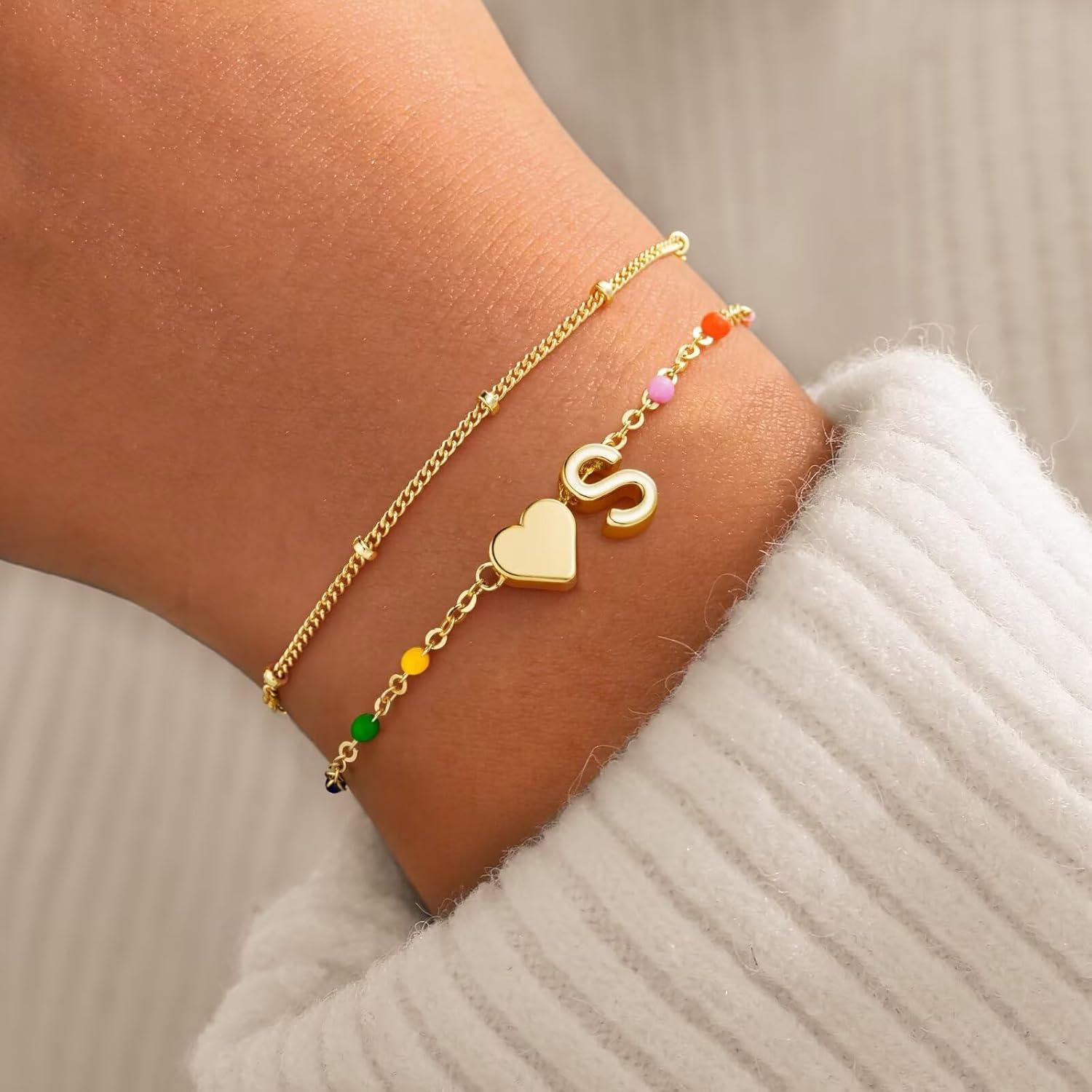 imageM MOOHAM Valentines Gifts for Kids Her Women Dainty Heart Initial Bracelet 14KGoldPlated Bracelet Colorful Link Charm Bracelets Jewelry Valentines Gifts for Kids Her Women Teen GirlsS