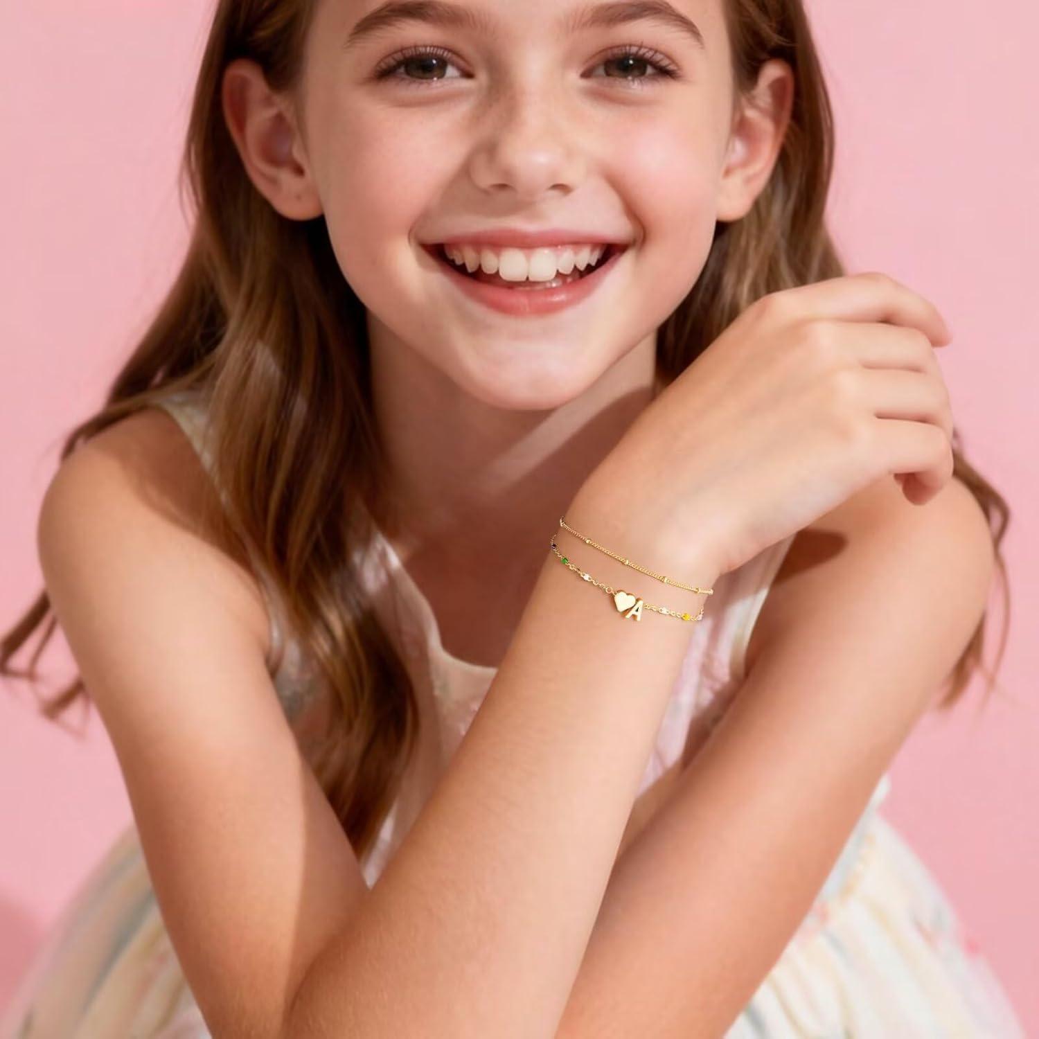 imageM MOOHAM Valentines Gifts for Kids Her Women Dainty Heart Initial Bracelet 14KGoldPlated Bracelet Colorful Link Charm Bracelets Jewelry Valentines Gifts for Kids Her Women Teen GirlsR