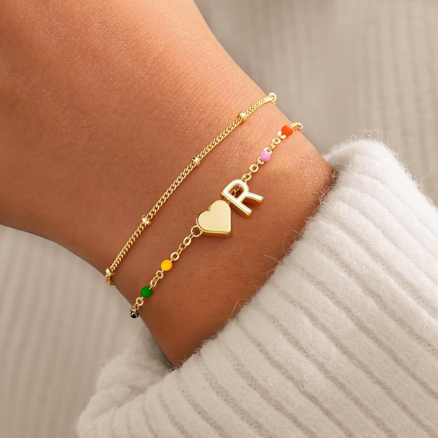 imageM MOOHAM Valentines Gifts for Kids Her Women Dainty Heart Initial Bracelet 14KGoldPlated Bracelet Colorful Link Charm Bracelets Jewelry Valentines Gifts for Kids Her Women Teen GirlsR