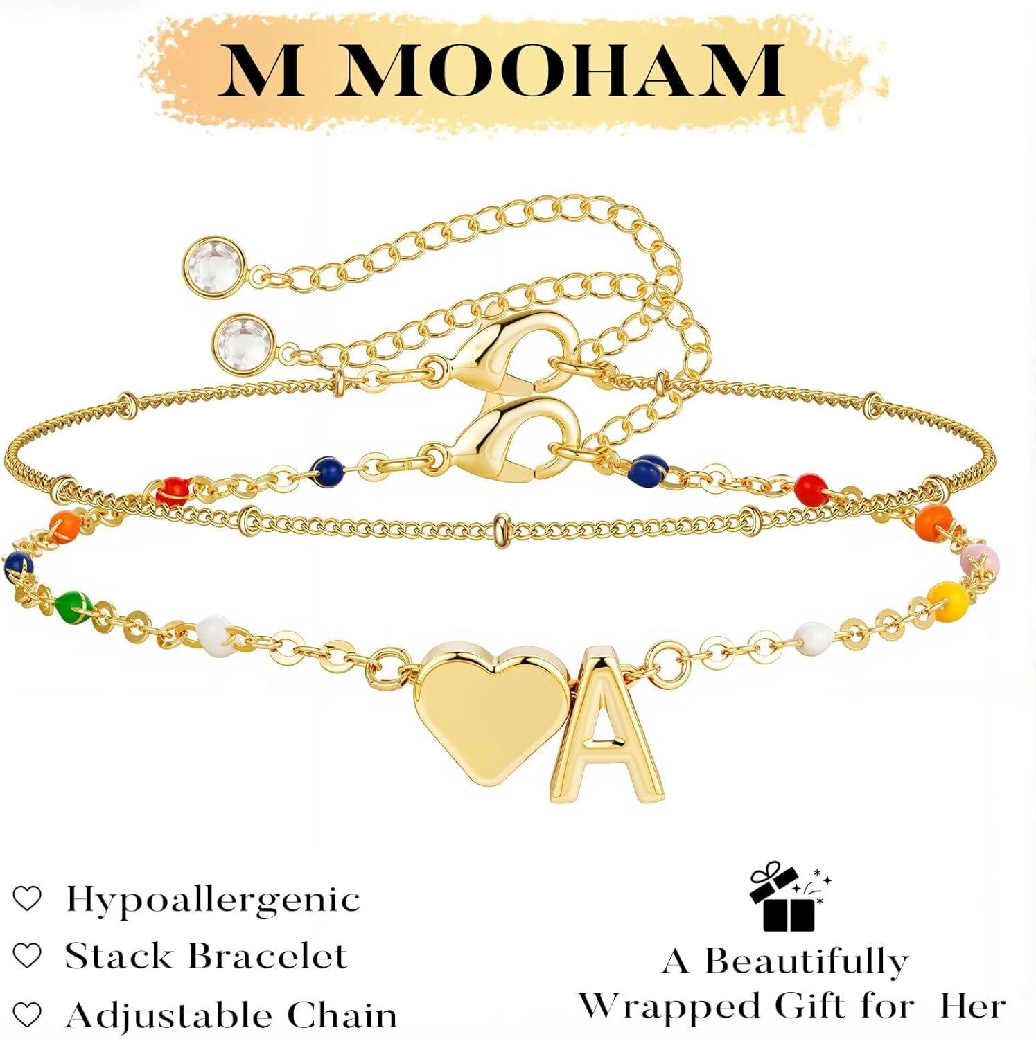 imageM MOOHAM Valentines Gifts for Kids Her Women Dainty Heart Initial Bracelet 14KGoldPlated Bracelet Colorful Link Charm Bracelets Jewelry Valentines Gifts for Kids Her Women Teen GirlsC