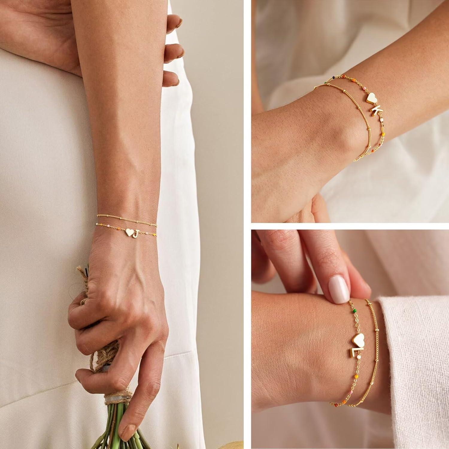 imageM MOOHAM Valentines Gifts for Kids Her Women Dainty Heart Initial Bracelet 14KGoldPlated Bracelet Colorful Link Charm Bracelets Jewelry Valentines Gifts for Kids Her Women Teen GirlsC