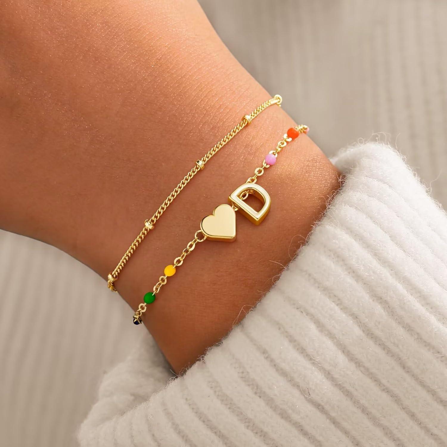 imageM MOOHAM Valentines Gifts for Kids Her Women Dainty Heart Initial Bracelet 14KGoldPlated Bracelet Colorful Link Charm Bracelets Jewelry Valentines Gifts for Kids Her Women Teen GirlsD