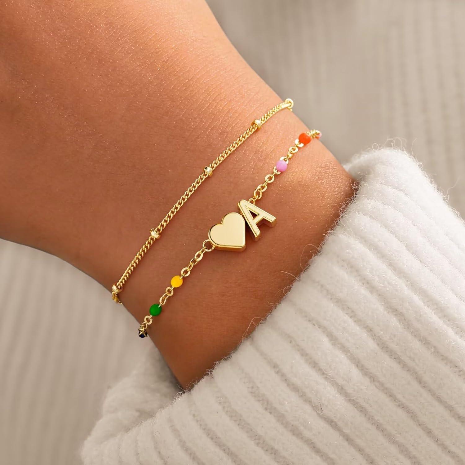 imageM MOOHAM Valentines Gifts for Kids Her Women Dainty Heart Initial Bracelet 14KGoldPlated Bracelet Colorful Link Charm Bracelets Jewelry Valentines Gifts for Kids Her Women Teen GirlsA