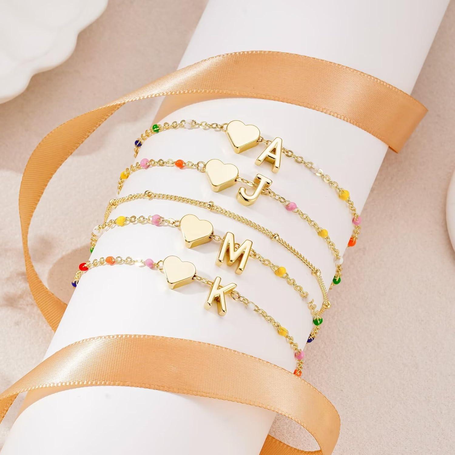 imageM MOOHAM Valentines Gifts for Kids Her Women Dainty Heart Initial Bracelet 14KGoldPlated Bracelet Colorful Link Charm Bracelets Jewelry Valentines Gifts for Kids Her Women Teen GirlsR