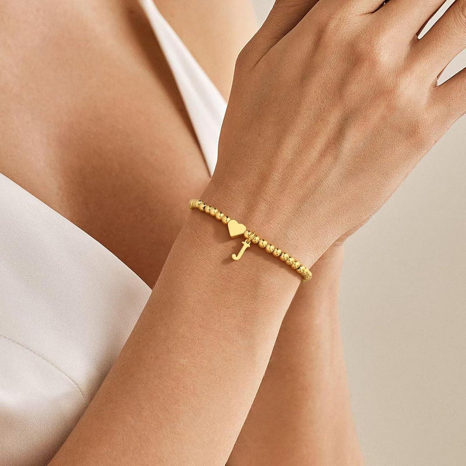 imageM MOOHAM Valentines Gifts for Kids Her Women Dainty Heart Initial Bracelets for Women Girls 14KGoldPlated Beaded Heart Initial Bracelets for Teen Girls Jewelry Birthday GiftsK