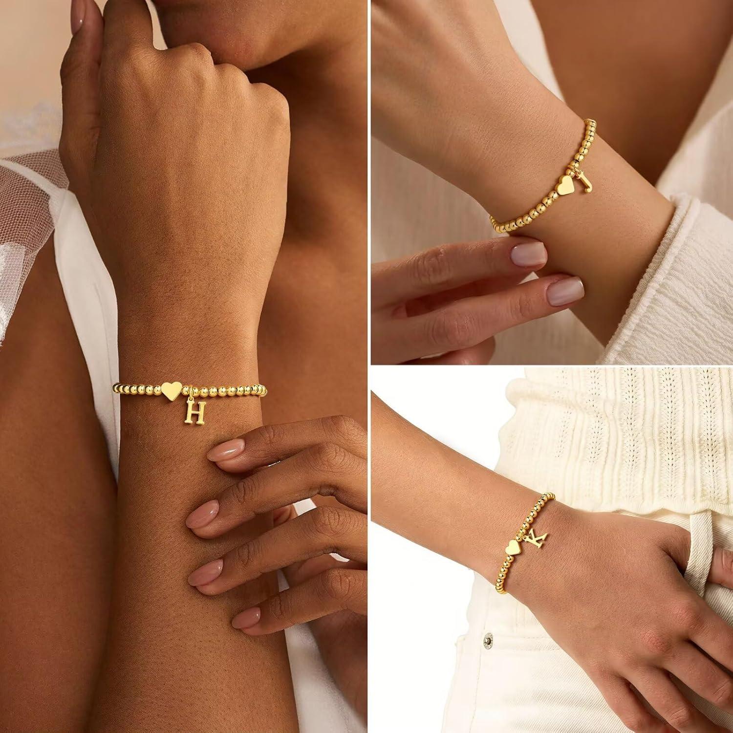 imageM MOOHAM Valentines Gifts for Kids Her Women Dainty Heart Initial Bracelets for Women Girls 14KGoldPlated Beaded Heart Initial Bracelets for Teen Girls Jewelry Birthday GiftsL
