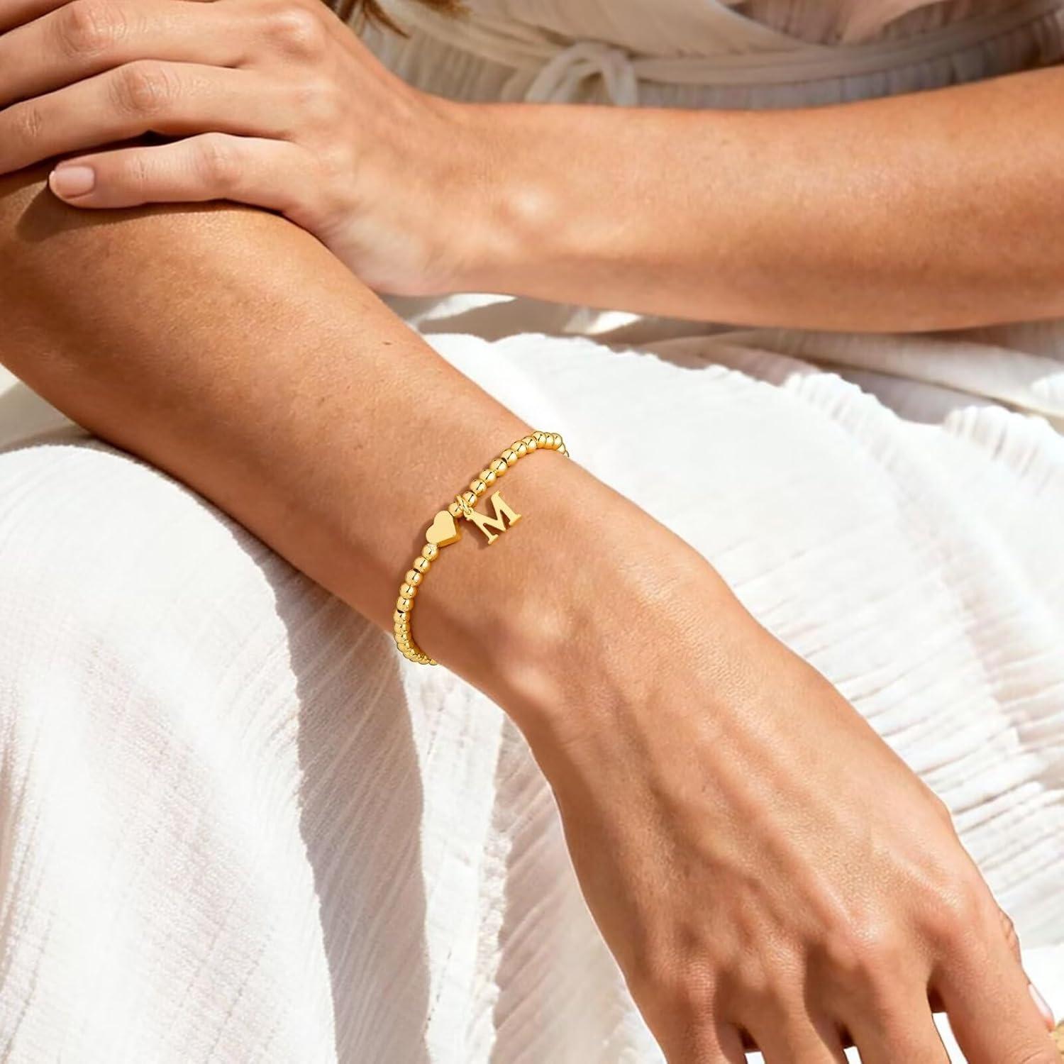 imageM MOOHAM Valentines Gifts for Kids Her Women Dainty Heart Initial Bracelets for Women Girls 14KGoldPlated Beaded Heart Initial Bracelets for Teen Girls Jewelry Birthday GiftsB