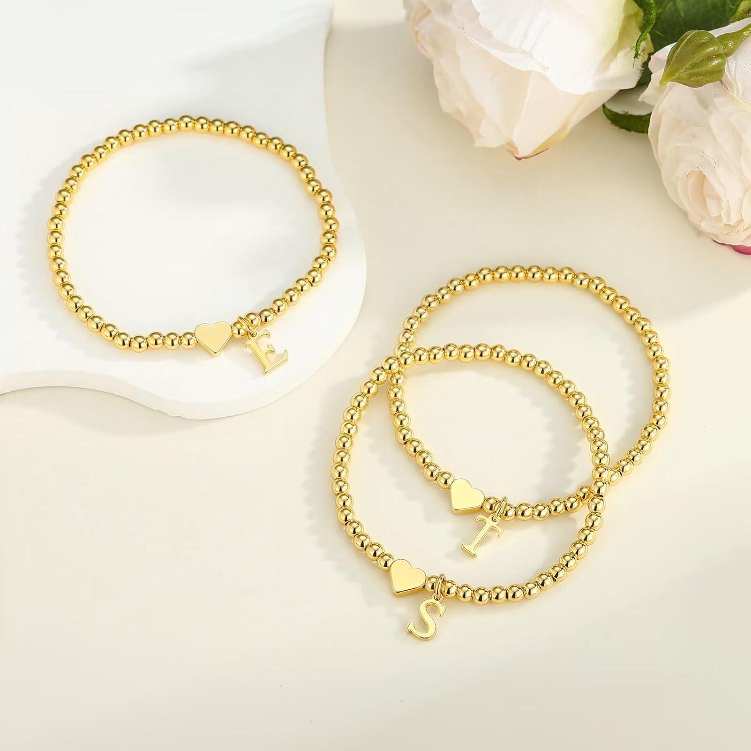 imageM MOOHAM Valentines Gifts for Kids Her Women Dainty Heart Initial Bracelets for Women Girls 14KGoldPlated Beaded Heart Initial Bracelets for Teen Girls Jewelry Birthday GiftsD