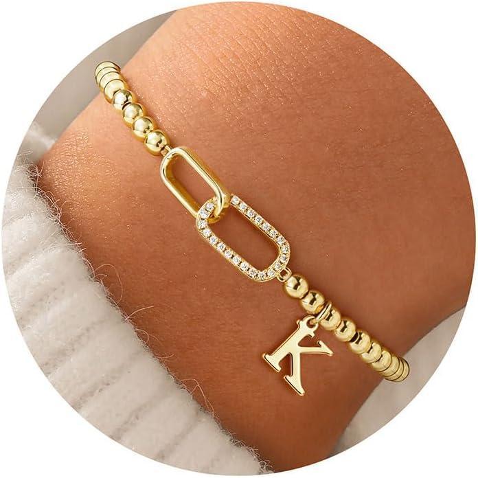imageM MOOHAM Initial Bracelets for Women 14K Gold Plated Cubic Zirconia Interlock Circles Letter AZ Initial Bracelet Stretch Beaded Bracelets for Women Jewelry Birthday GiftsK