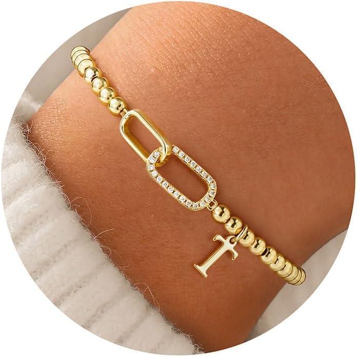 imageM MOOHAM Initial Bracelets for Women 14K Gold Plated Cubic Zirconia Interlock Circles Letter AZ Initial Bracelet Stretch Beaded Bracelets for Women Jewelry Birthday GiftsT