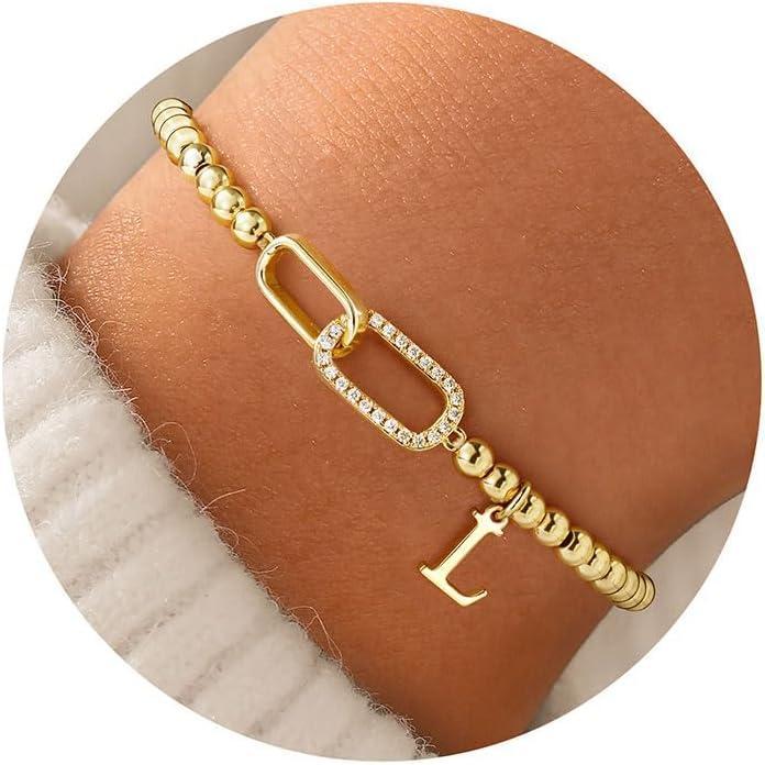 imageM MOOHAM Initial Bracelets for Women 14K Gold Plated Cubic Zirconia Interlock Circles Letter AZ Initial Bracelet Stretch Beaded Bracelets for Women Jewelry Birthday GiftsL
