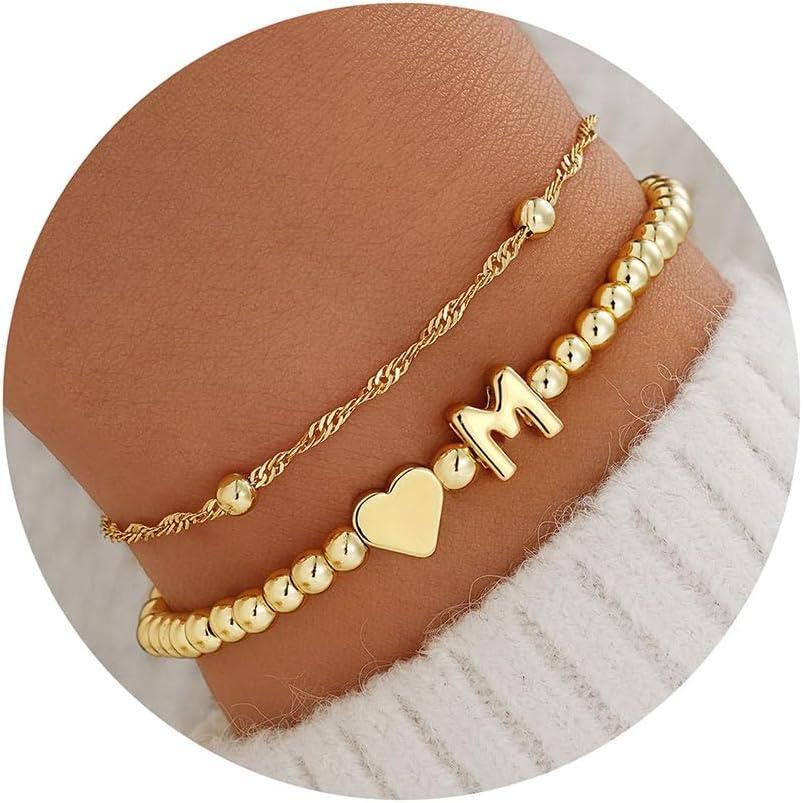 imageM MOOHAM Valentines Gifts for Kids Her Initial Bracelets for Teen Girls Women 14KGoldPlated Heart Initial Bracelet for Women Stretch Beaded Bracelets Jewelry Valentines Gifts for HerM