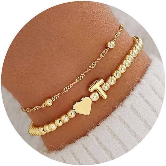 imageM MOOHAM Valentines Gifts for Kids Her Initial Bracelets for Teen Girls Women 14KGoldPlated Heart Initial Bracelet for Women Stretch Beaded Bracelets Jewelry Valentines Gifts for HerT