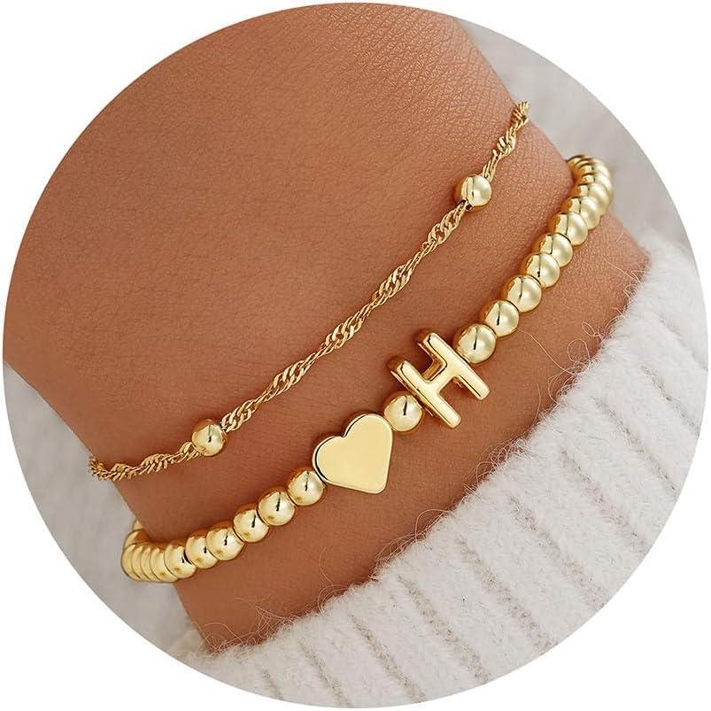 imageM MOOHAM Valentines Gifts for Kids Her Initial Bracelets for Teen Girls Women 14KGoldPlated Heart Initial Bracelet for Women Stretch Beaded Bracelets Jewelry Valentines Gifts for HerH