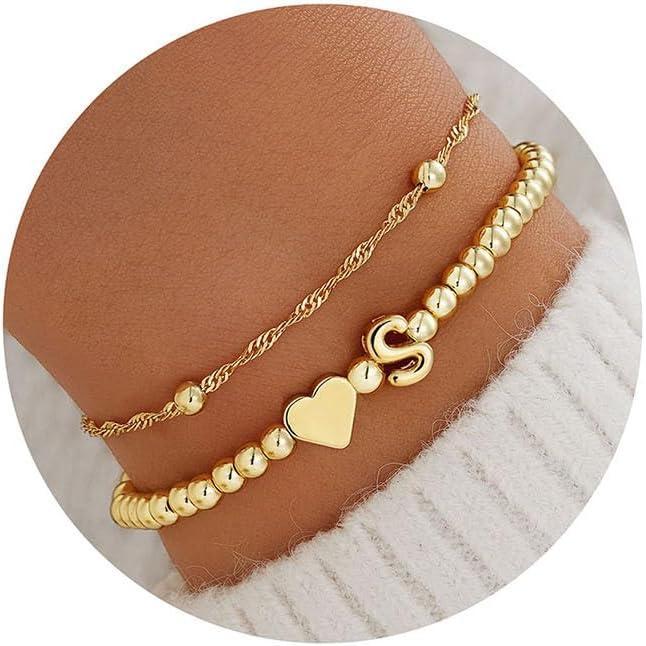 imageM MOOHAM Valentines Gifts for Kids Her  Initial Bracelets for Teen Girls Women 14KGoldPlated Heart Initial Bracelet for Women Stretch Beaded Bracelets Jewelry Valentines Gifts for HerS