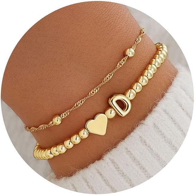 imageM MOOHAM Valentines Gifts for Kids Her Initial Bracelets for Teen Girls Women 14KGoldPlated Heart Initial Bracelet for Women Stretch Beaded Bracelets Jewelry Valentines Gifts for HerD