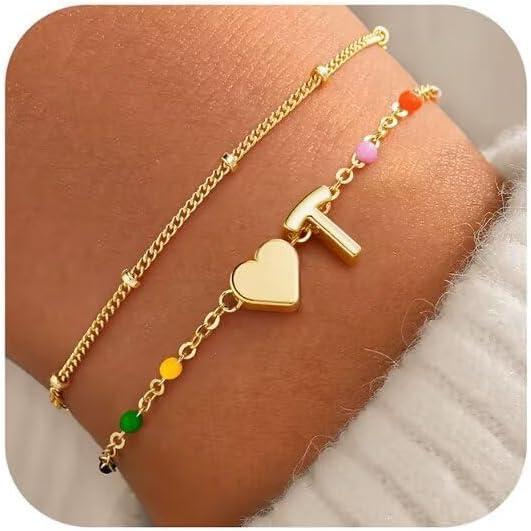 imageM MOOHAM Valentines Gifts for Kids Her Women  Dainty Heart Initial Bracelet 14KGoldPlated Bracelet Colorful Link Charm Bracelets Jewelry Valentines Gifts for Kids Her Women Teen GirlsT