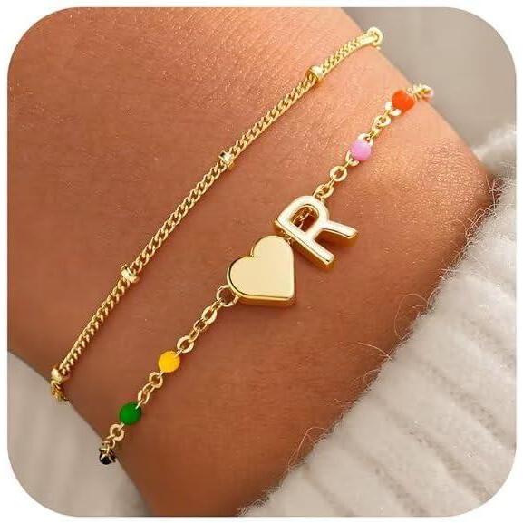 imageM MOOHAM Valentines Gifts for Kids Her Women  Dainty Heart Initial Bracelet 14KGoldPlated Bracelet Colorful Link Charm Bracelets Jewelry Valentines Gifts for Kids Her Women Teen GirlsR