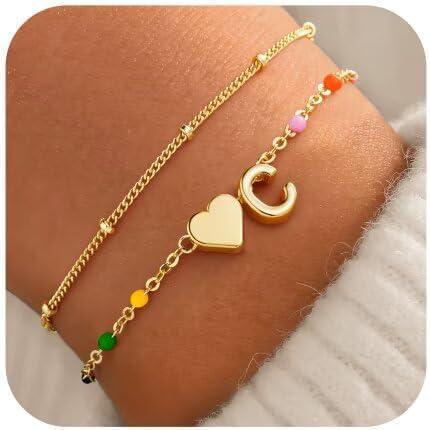 imageM MOOHAM Valentines Gifts for Kids Her Women  Dainty Heart Initial Bracelet 14KGoldPlated Bracelet Colorful Link Charm Bracelets Jewelry Valentines Gifts for Kids Her Women Teen GirlsC