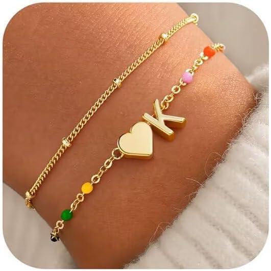 imageM MOOHAM Valentines Gifts for Kids Her Women  Dainty Heart Initial Bracelet 14KGoldPlated Bracelet Colorful Link Charm Bracelets Jewelry Valentines Gifts for Kids Her Women Teen GirlsK