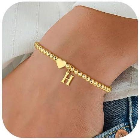 imageM MOOHAM Valentines Gifts for Kids Her Women Dainty Heart Initial Bracelets for Women Girls 14KGoldPlated Beaded Heart Initial Bracelets for Teen Girls Jewelry Birthday GiftsH