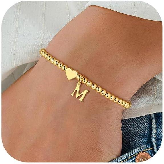 imageM MOOHAM Valentines Gifts for Kids Her Women Dainty Heart Initial Bracelets for Women Girls 14KGoldPlated Beaded Heart Initial Bracelets for Teen Girls Jewelry Birthday GiftsM
