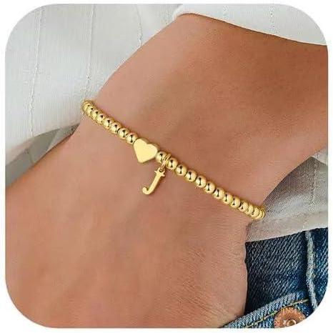 imageM MOOHAM Valentines Gifts for Kids Her Women Dainty Heart Initial Bracelets for Women Girls 14KGoldPlated Beaded Heart Initial Bracelets for Teen Girls Jewelry Birthday GiftsJ